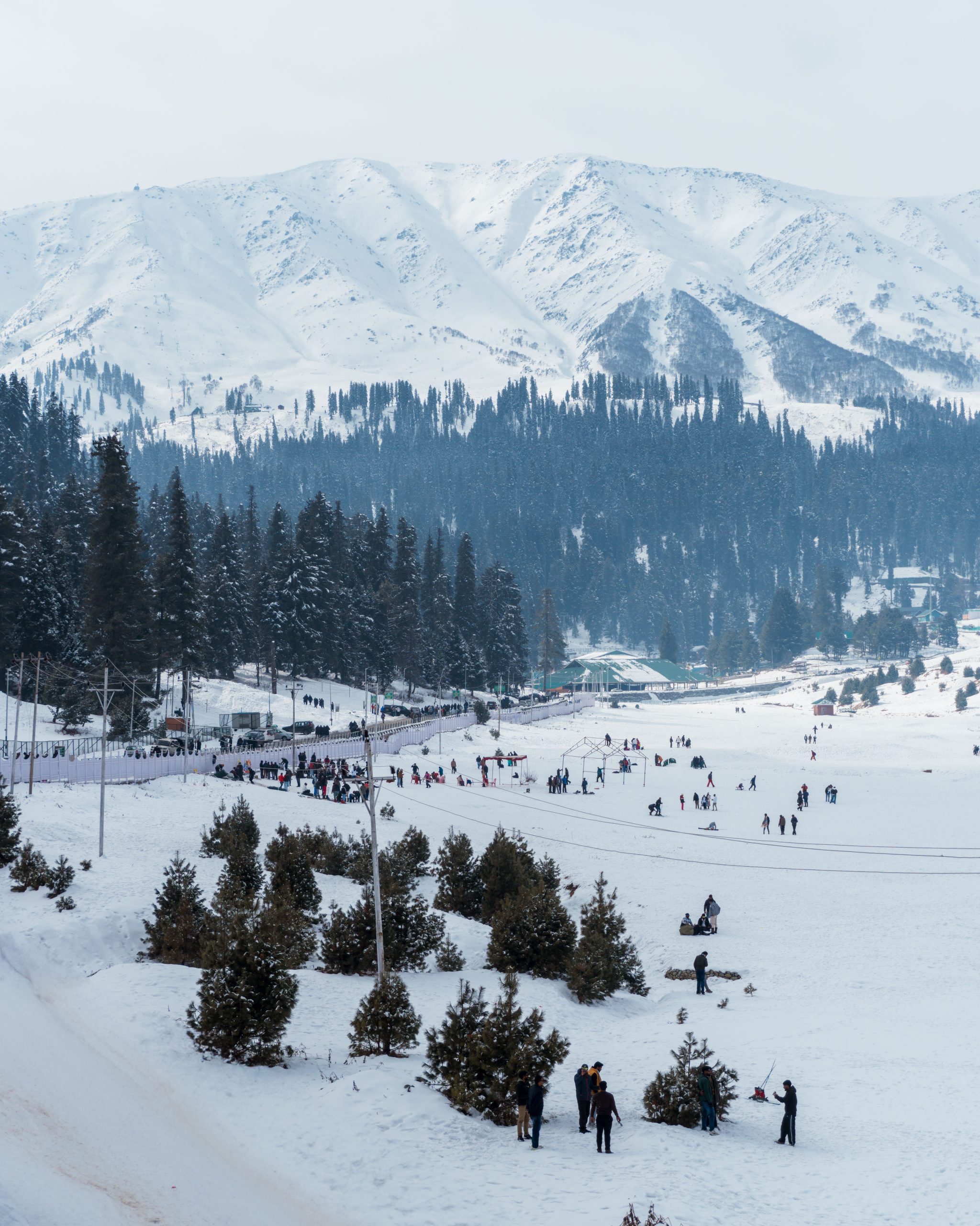 Scenic winter view of Gulmarg, India with snowy mountains, pine trees, and people enjoying the outdoors.